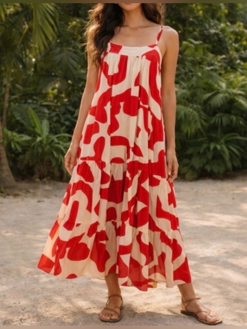Anthro Abel The Label Red White Abstract Print Tiered Maxi Dress Boho Resort S